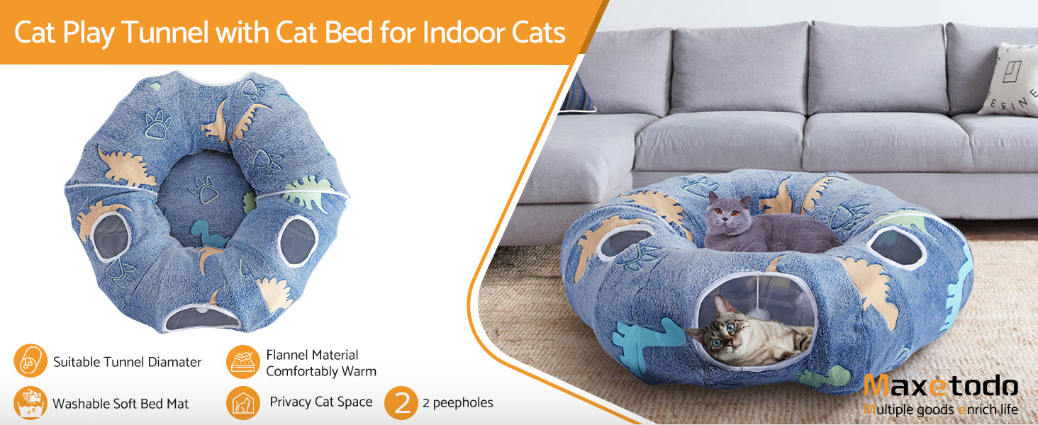 Cat Tunnels for Indoor Cats Foldable & Washable Interactive Play System with Peekaboo Cave + Plush Bed | 4 Entry Adventure Zone