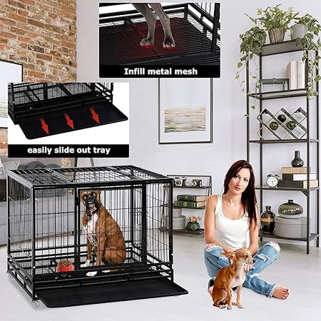 Heavy Duty Dog Crate Kennel – 36” Large Dog Cage with Double Doors & Removable Plastic Tray | Indoor & Outdoor Pet Playpen