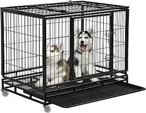 Heavy Duty Dog Crate Kennel – 36” Large Dog Cage with Double Doors & Removable Plastic Tray | Indoor & Outdoor Pet Playpen