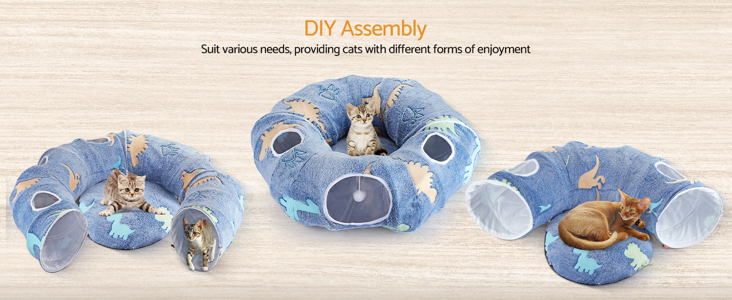 Cat Tunnels for Indoor Cats Foldable & Washable Interactive Play System with Peekaboo Cave + Plush Bed | 4 Entry Adventure Zone