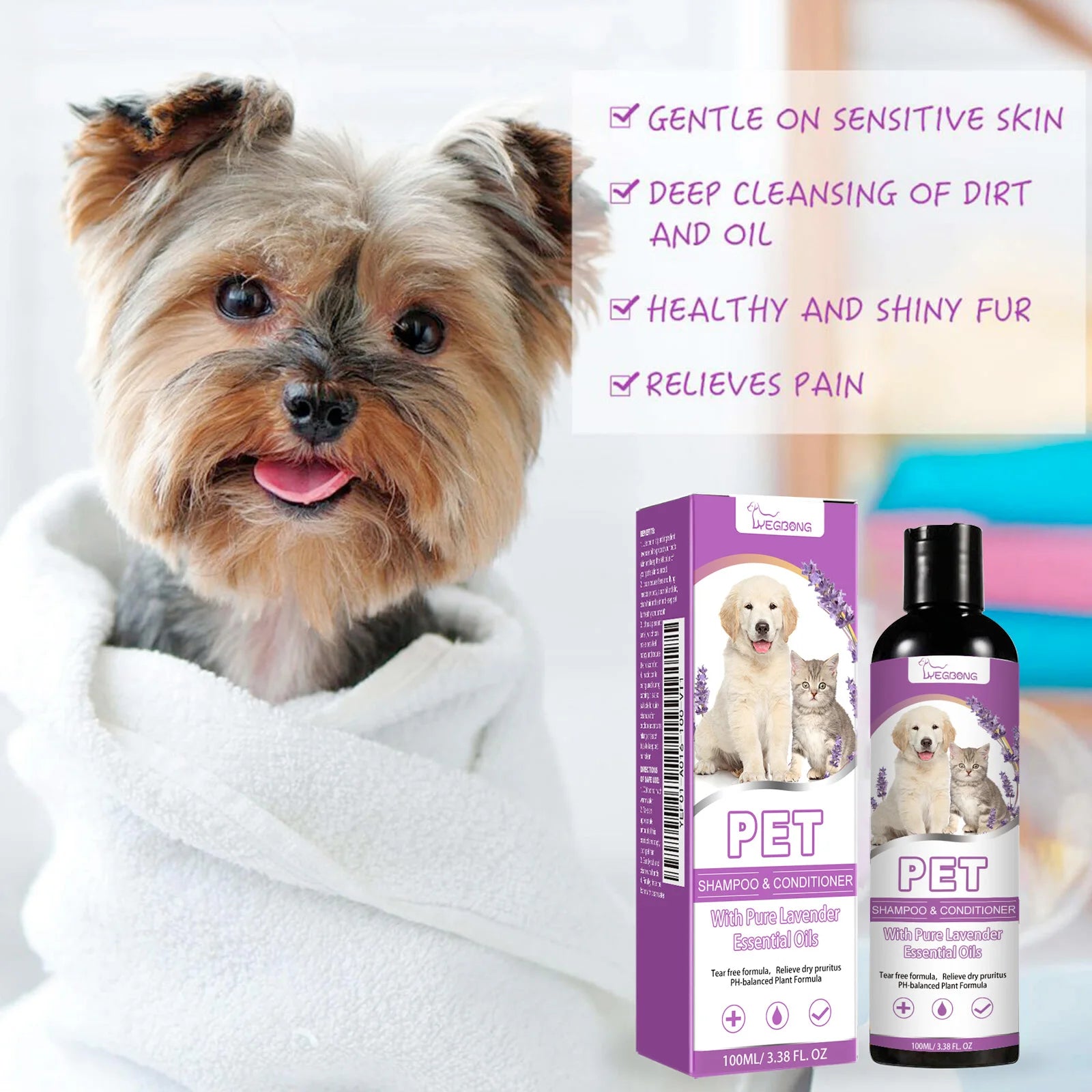 Yegbong Pet Shampoo – 100ml Dog & Cat Shampoo, Fur Softening, Itch Relief, Moisturizing Puppy Wash with Long-Lasting Fragrance