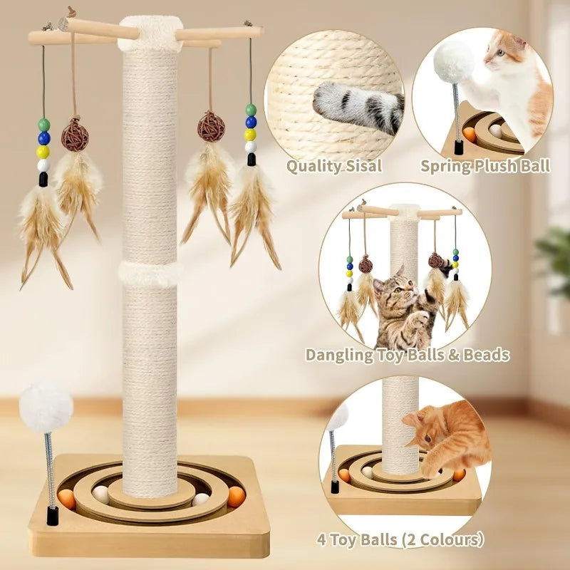 Interactive Cat Furniture Toy – Wall or Floor Mounted Scratcher Tree Tower with Hanging Toys & Ball Track for Adult Indoor Cats