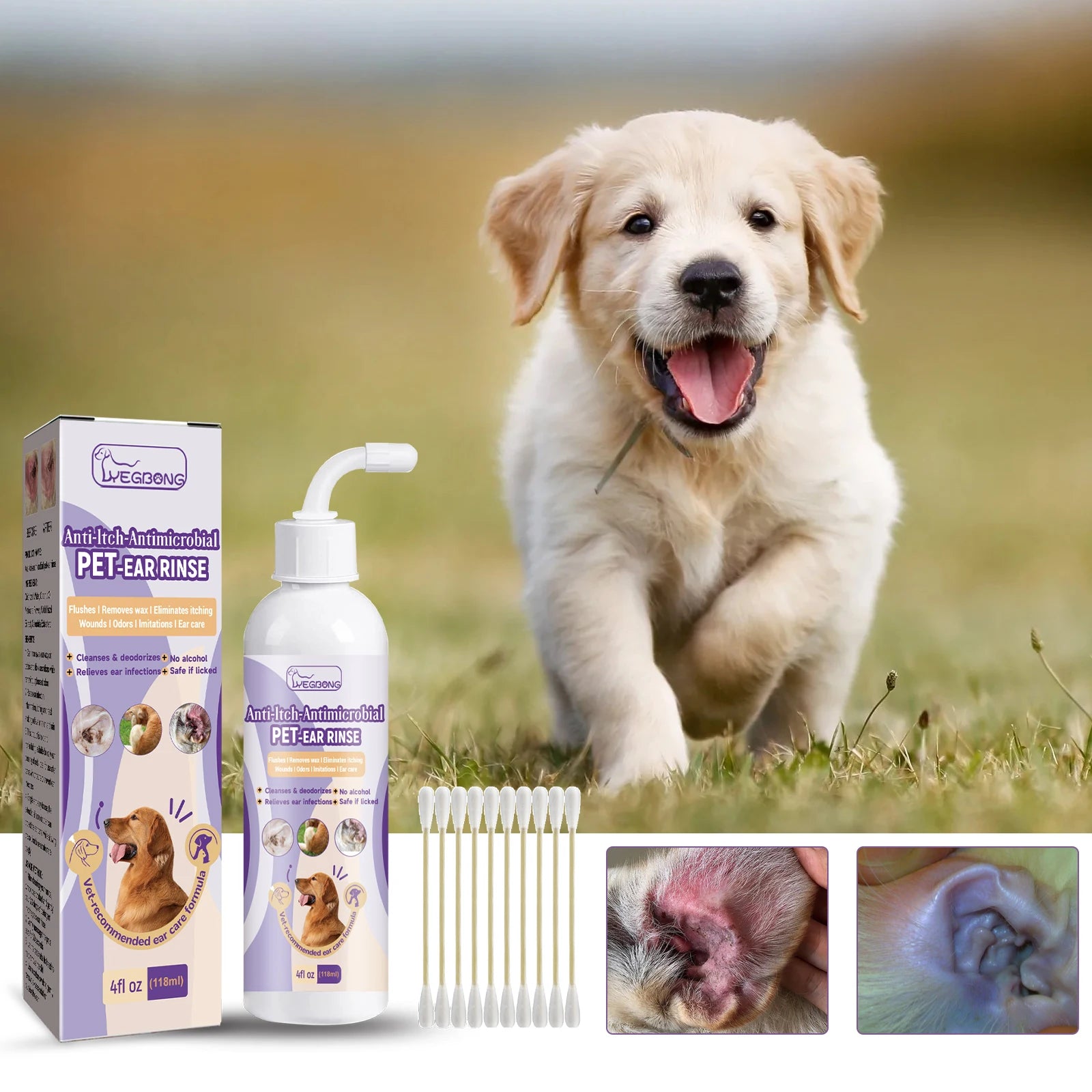 Yegbong Pet Ear Cleaner Drops – 118ml Ear Wash Solution for Dogs & Cats | Relieves Itching, Removes Earwax & Mites, Eliminates Odor