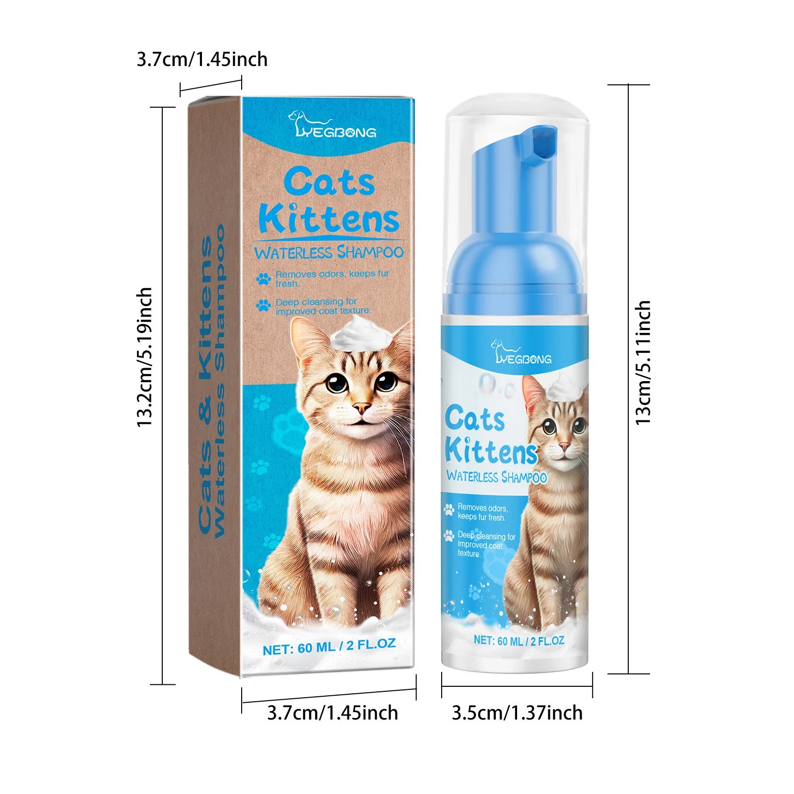 Yegbong Cat Cleaning Mousse – 60ml Waterless Cat Shampoo, Dirt & Oil Remover, Moisturizing & Nourishing Fur Cleaner