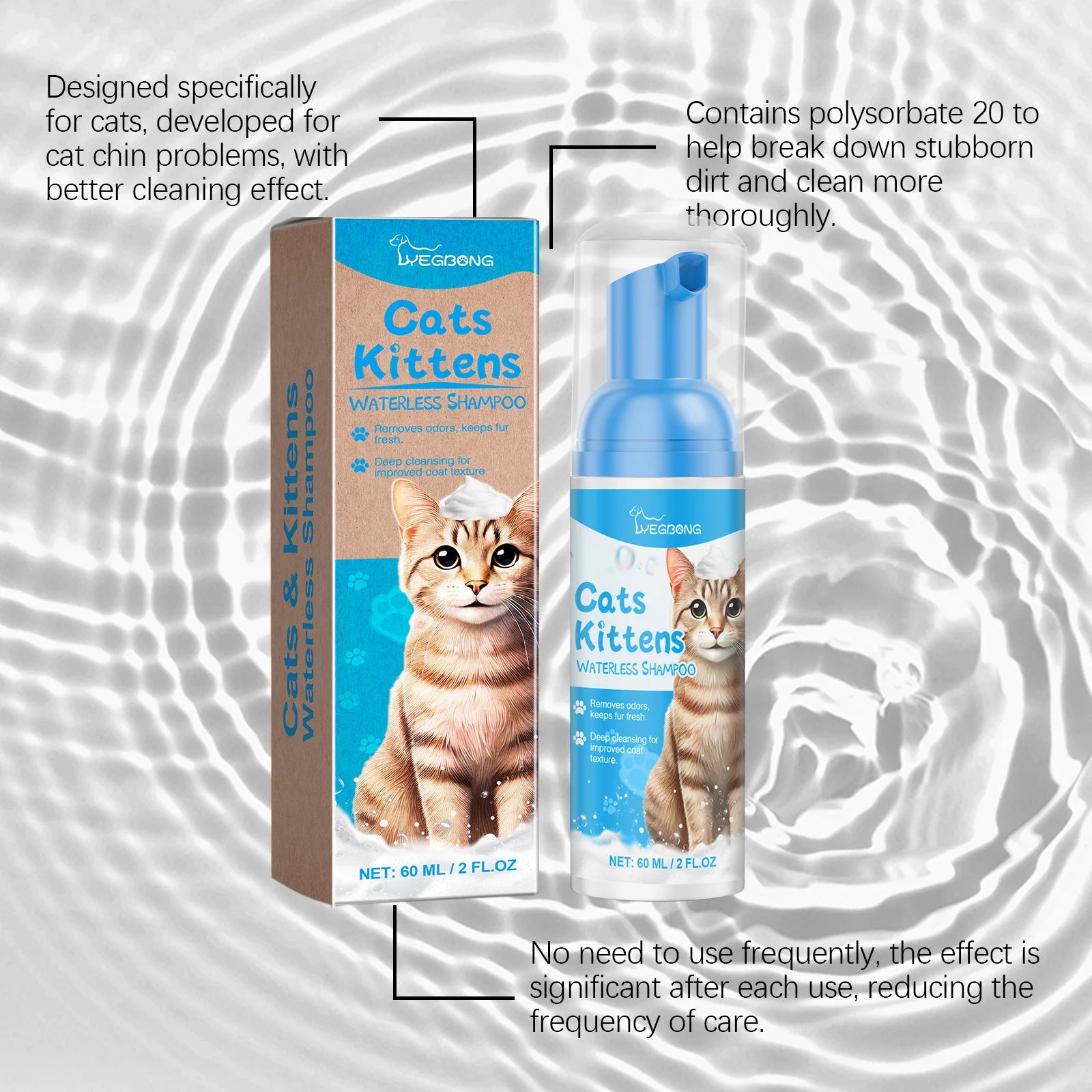Yegbong Cat Cleaning Mousse – 60ml Waterless Cat Shampoo, Dirt & Oil Remover, Moisturizing & Nourishing Fur Cleaner