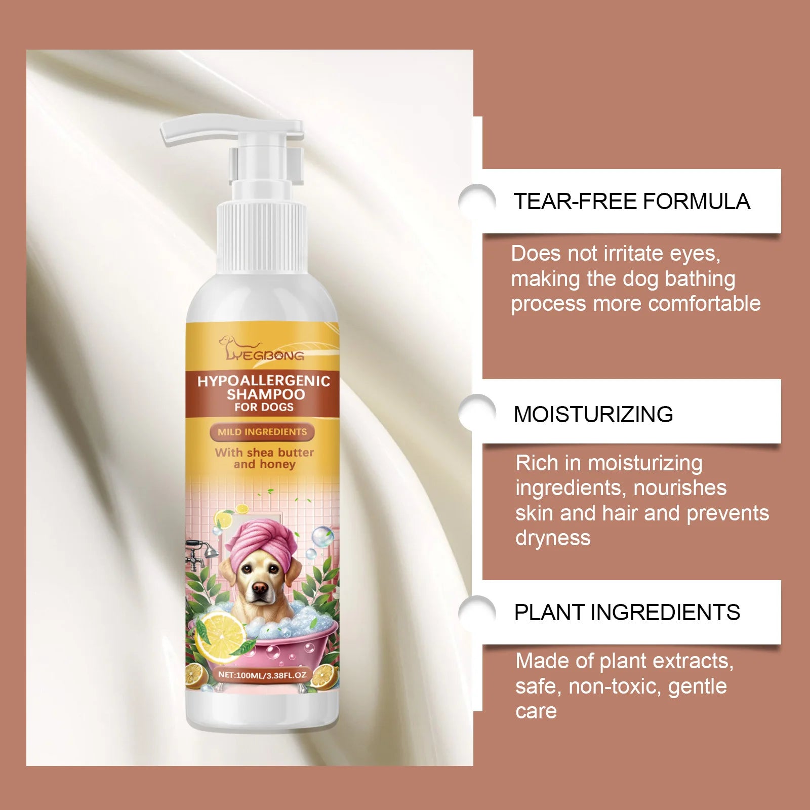 Yegbong 100ml Hypoallergenic Dog Shampoo – Gentle Bath Wash for Itchy Skin Relief, Hair Softening & Fur Nourishment