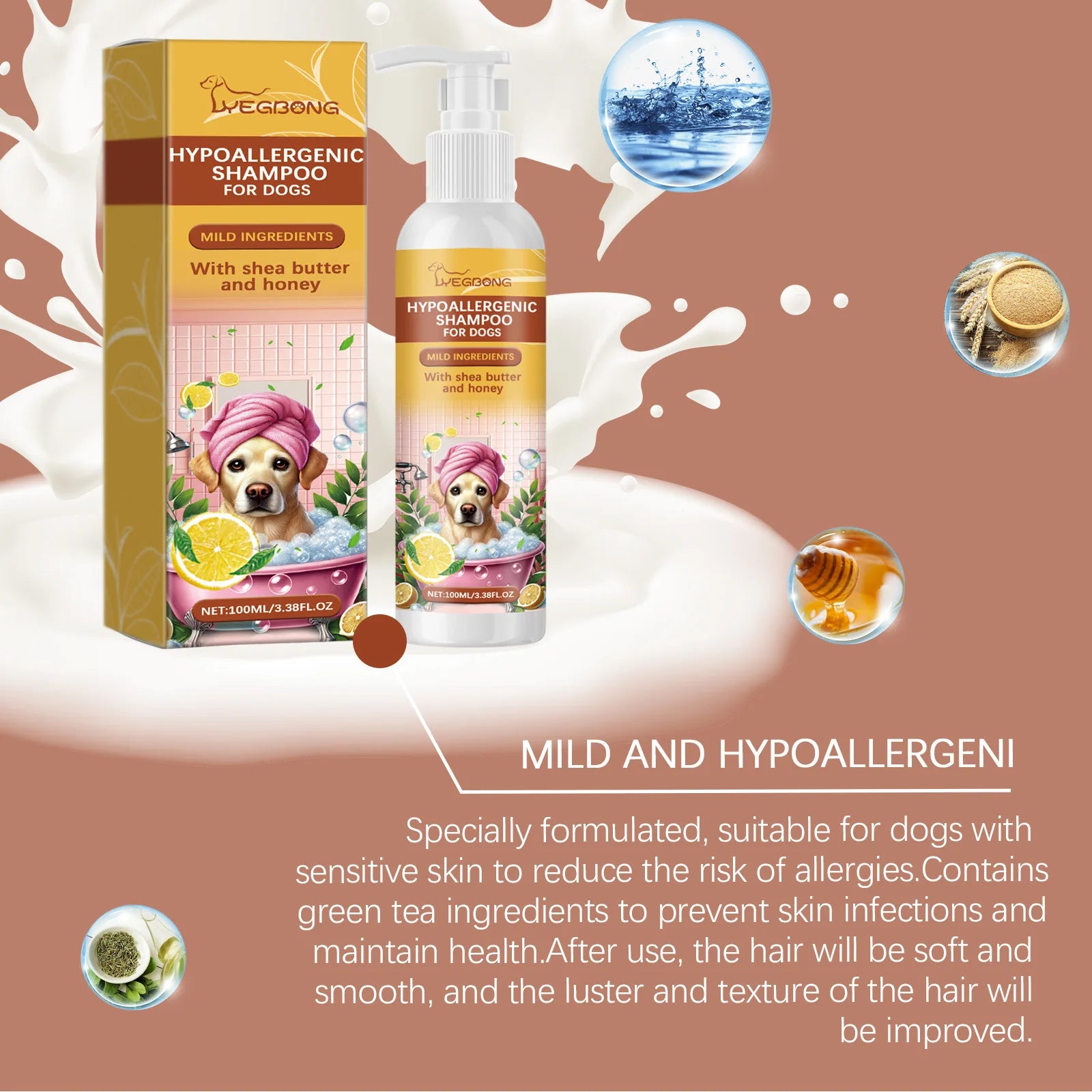 Yegbong 100ml Hypoallergenic Dog Shampoo – Gentle Bath Wash for Itchy Skin Relief, Hair Softening & Fur Nourishment