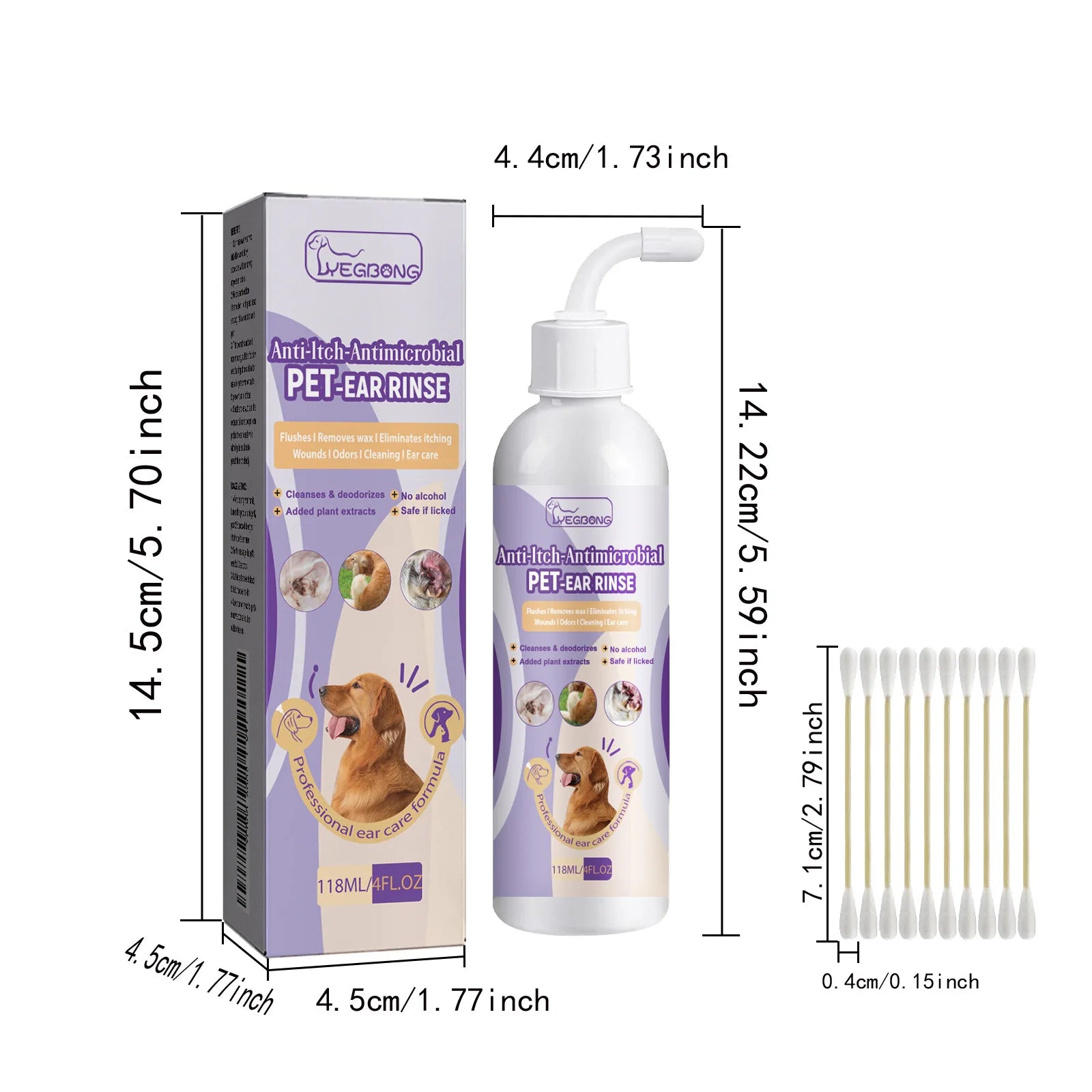 Yegbong Pet Ear Cleansing Drops – 118ml Liquid for Dogs & Cats, Itch Relief, Ear Mite Treatment, Odor Remover & Earwax Cleaner