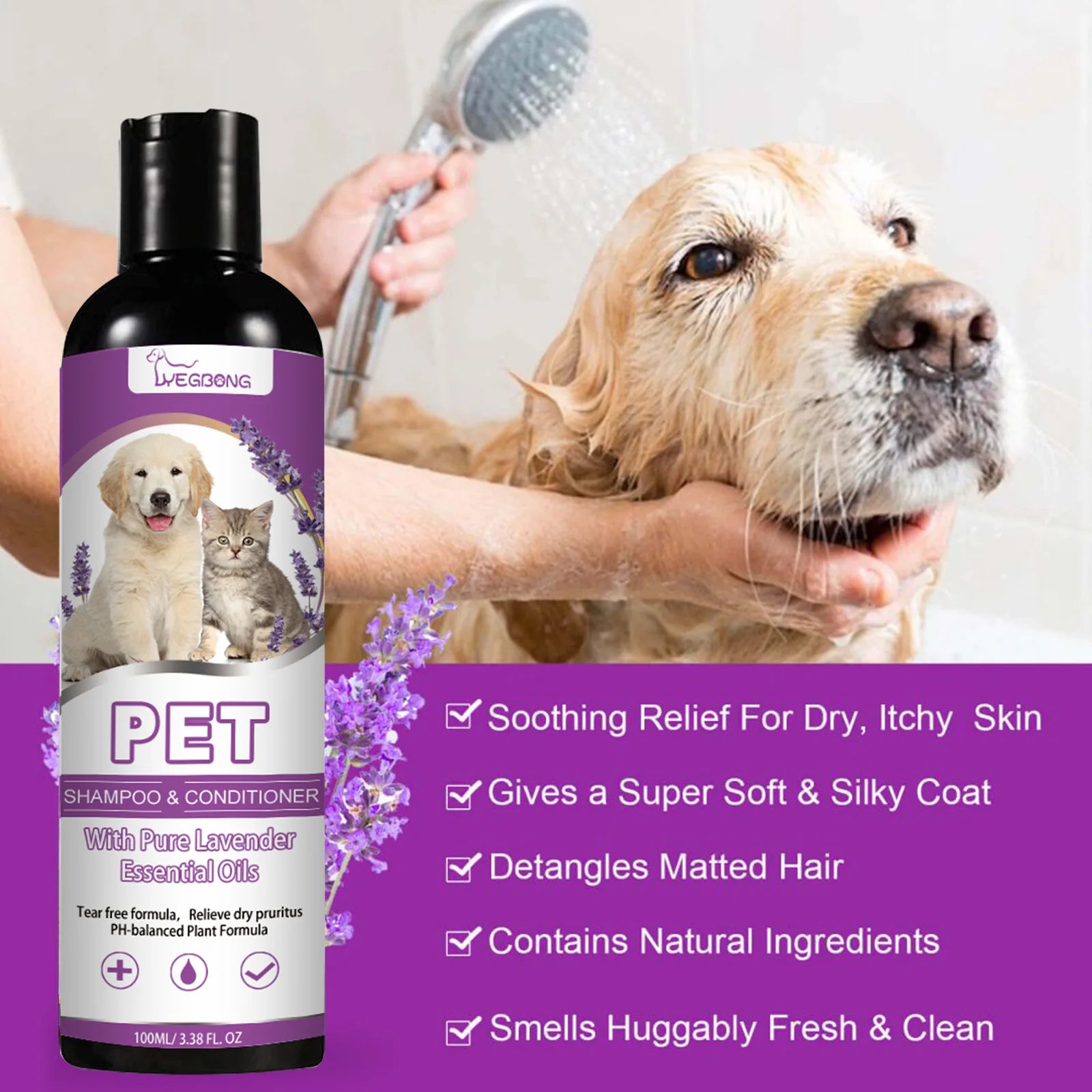 Yegbong 2-in-1 Pet Shampoo & Conditioner – 100ml Hair Softening, Itch Relief, pH-Balanced Cleanser for Dogs & Cats