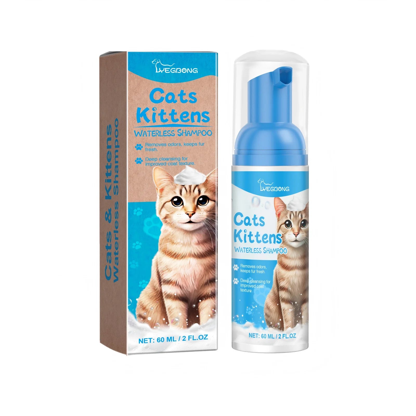 Yegbong Cat Cleaning Mousse – 60ml Waterless Cat Shampoo, Dirt & Oil Remover, Moisturizing & Nourishing Fur Cleaner
