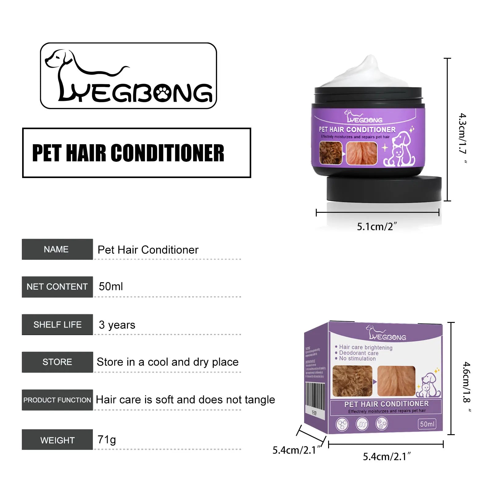 Yegbong 50ml Pet Fur Care Conditioner – Moisturizing & Itch Relief Formula for Dogs & Cats | Nourishes Skin, Softens Hair, Repairs Dry Coats