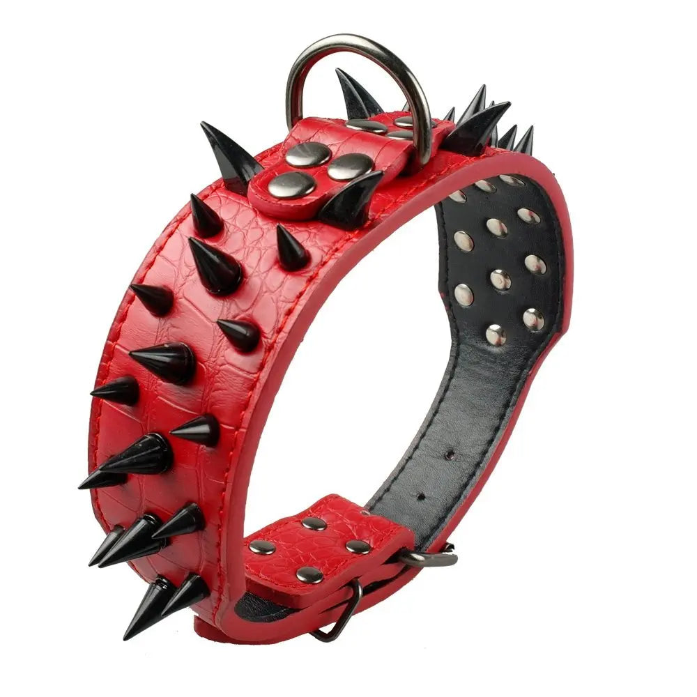 2" Wide Spiked Leather Dog Collar – Adjustable Studded Collar for Medium & Large Dogs (S/M/L/XL)