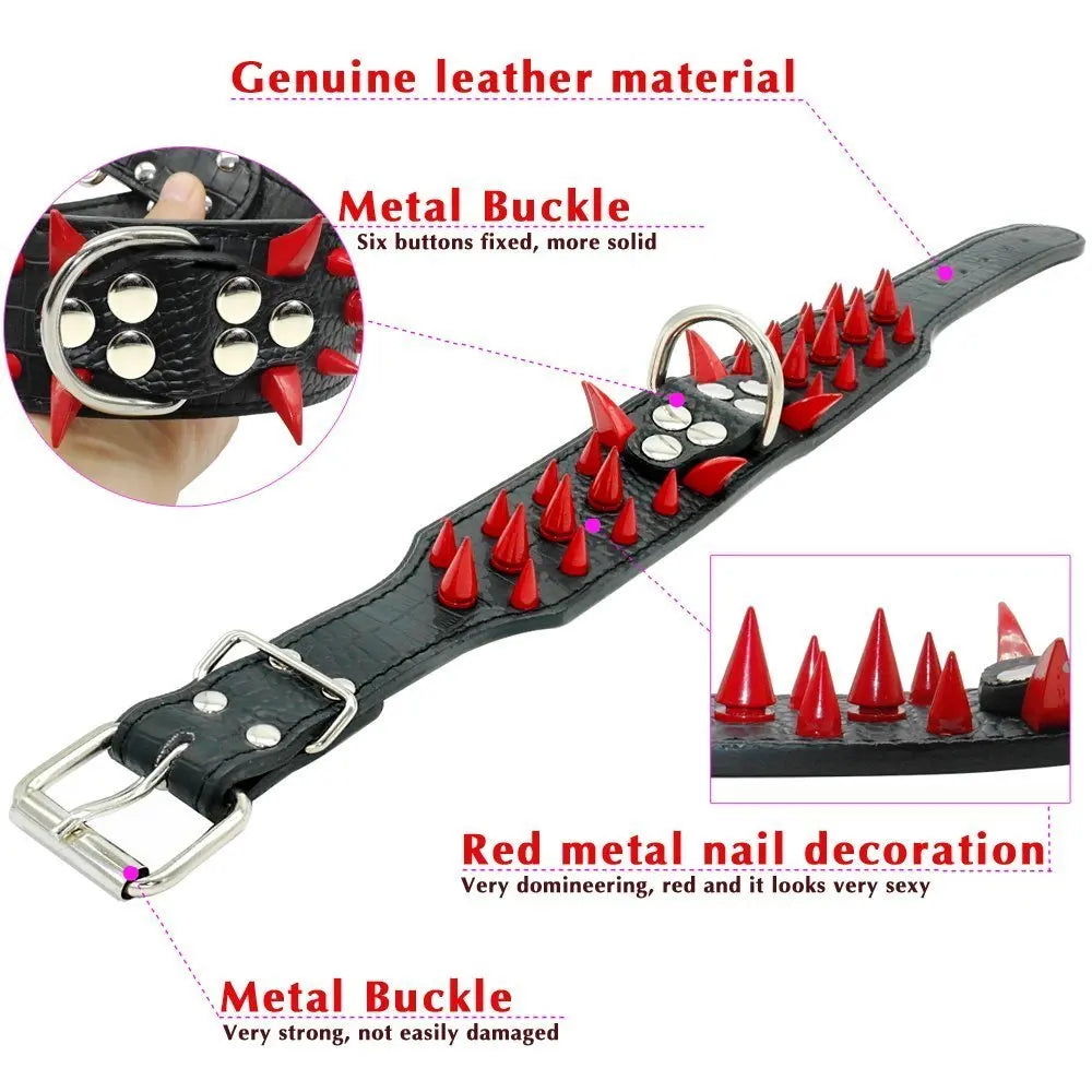 2" Wide Spiked Leather Dog Collar – Adjustable Studded Collar for Medium & Large Dogs (S/M/L/XL)