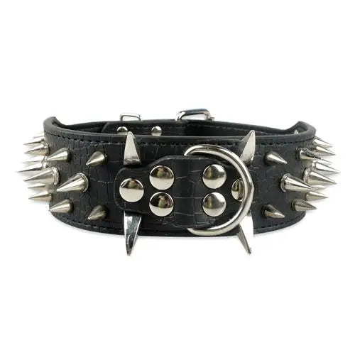 2" Wide Spiked Leather Dog Collar – Adjustable Studded Collar for Medium & Large Dogs (S/M/L/XL)