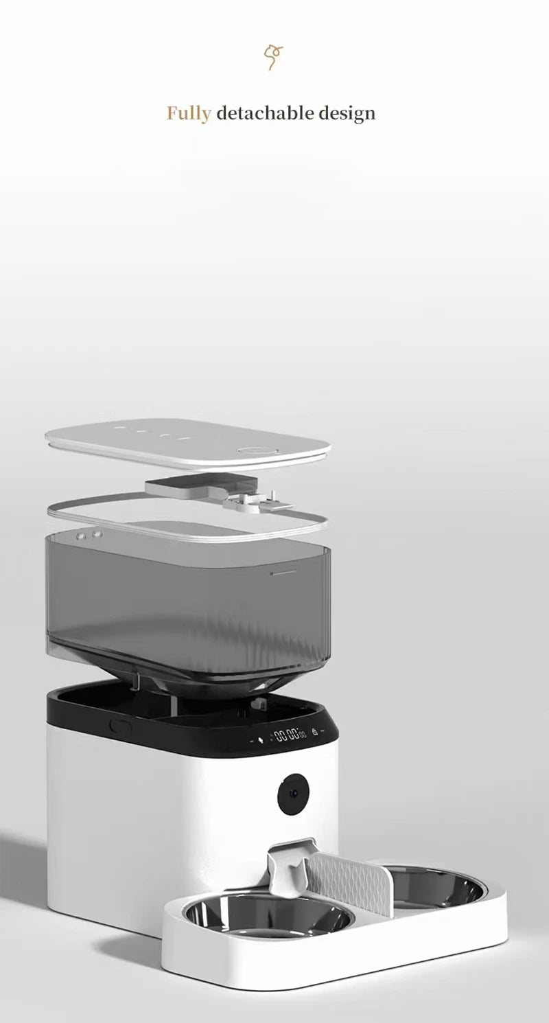 Tuya Automatic Pet Feeder 5L – Smart APP Control, Dual Stainless Steel Bowls, HD Camera, Touch Panel, Portion Control for Cats & Dogs