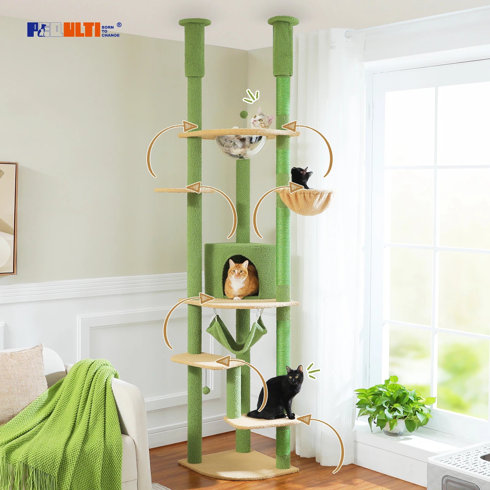 Adjustable Floor-to-Ceiling Cat Tree Tower – Tall Indoor Cat Furniture with Hammock, Cozy Condo & Sisal Scratching Posts