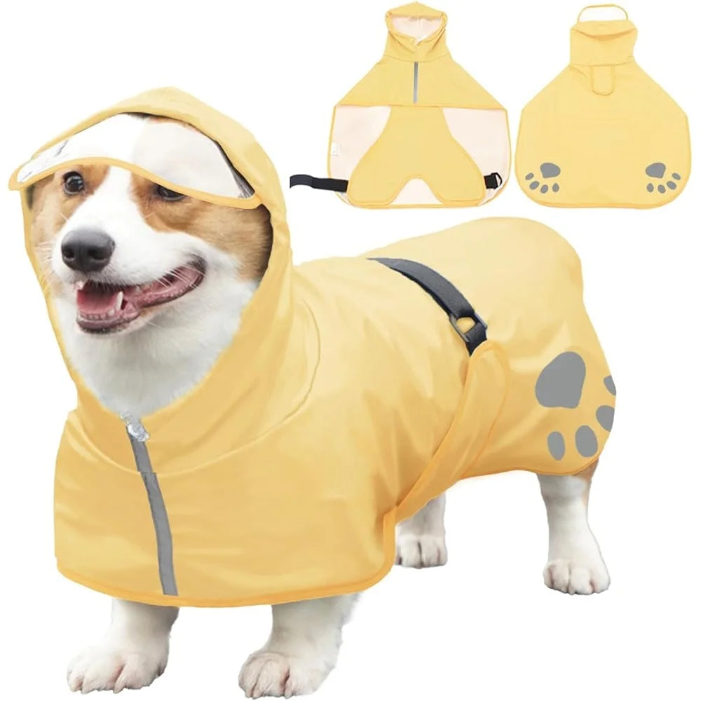 Dog Raincoat with Hood – Lightweight Waterproof Pet Jacket with Reflective Stripes, Adjustable Belly Strap & Leash Hole