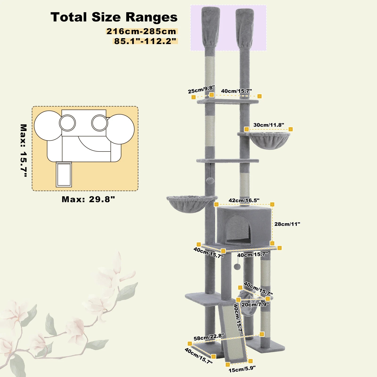 Adjustable Floor-to-Ceiling Cat Tree Tower – Tall Indoor Cat Furniture with Hammock, Cozy Condo & Sisal Scratching Posts
