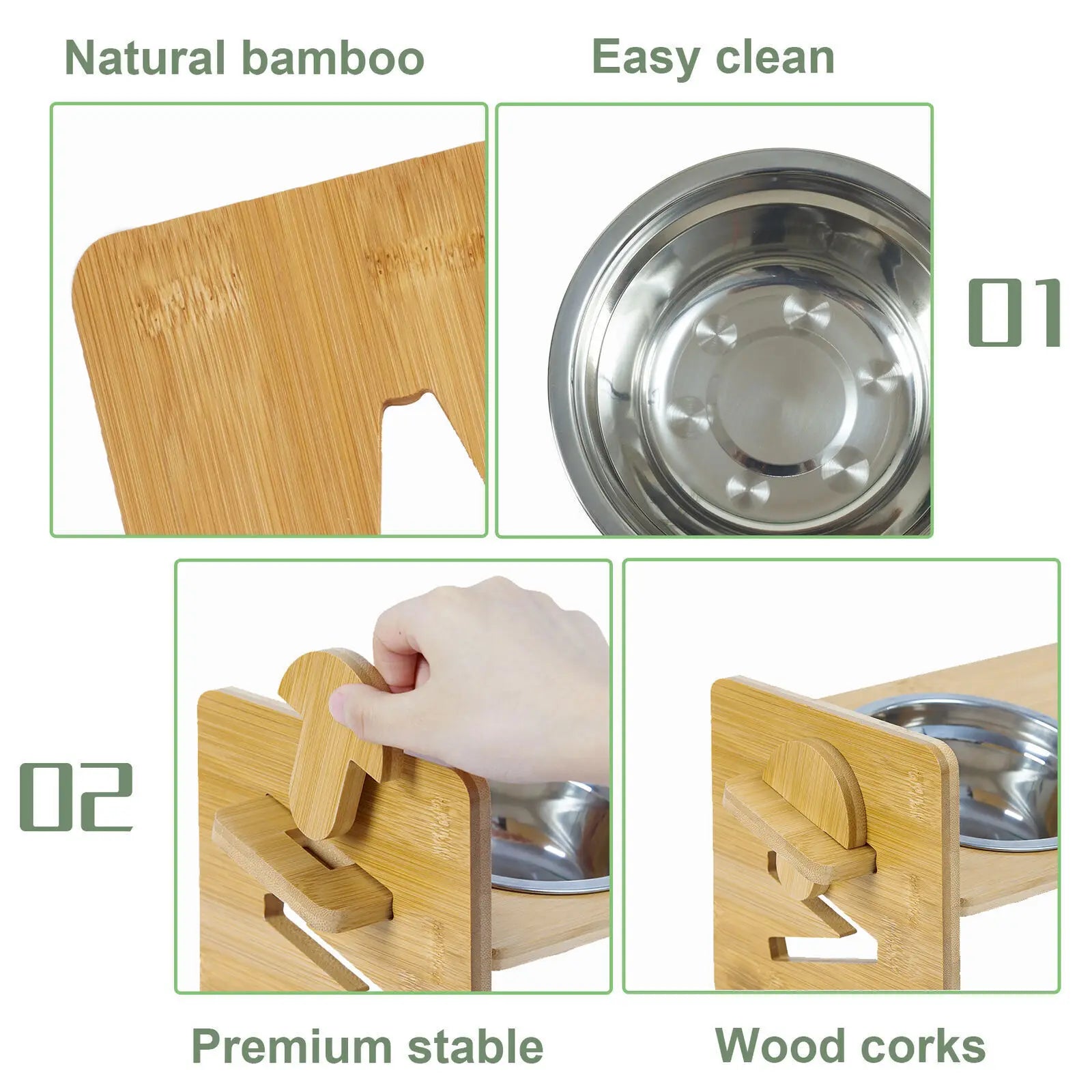 Adjustable Wooden Raised Cat Bowls – Bamboo Stand with Stainless Steel Dishes