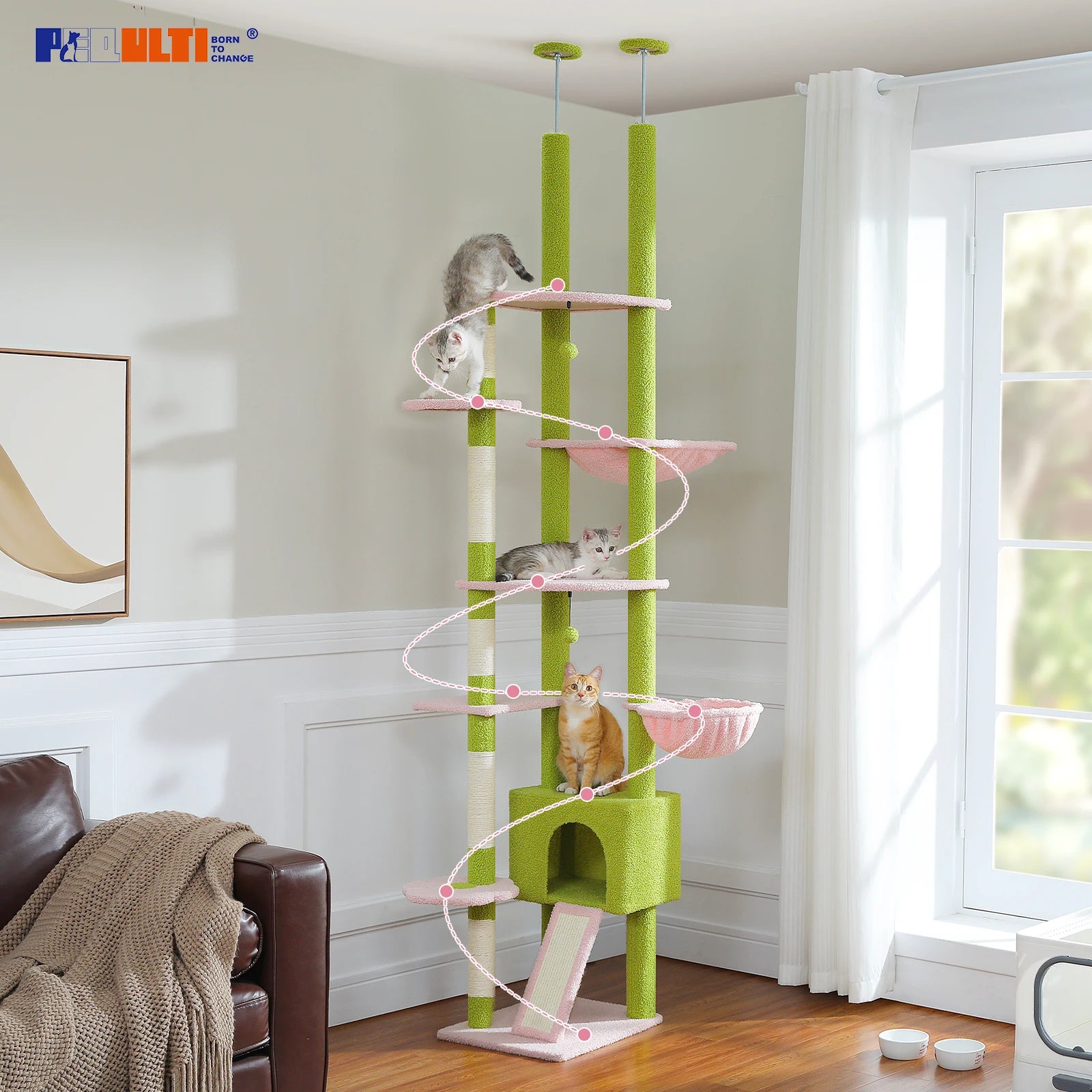 Adjustable Floor-to-Ceiling Cat Tree Tower – Tall Indoor Cat Furniture with Hammock, Cozy Condo & Sisal Scratching Posts