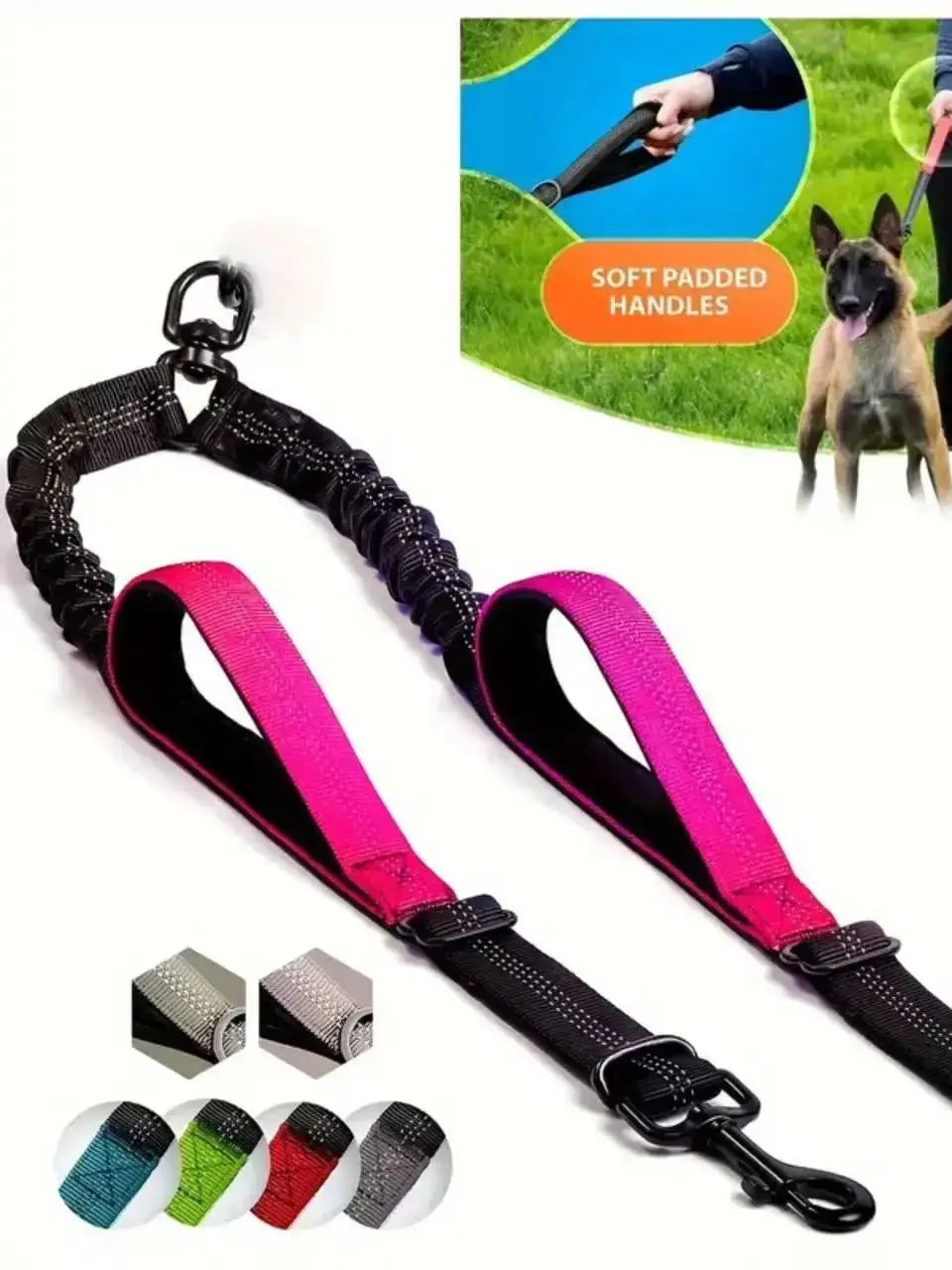Dual Dog Leash Coupler – No-Tangle Bungee Leash with Comfort Padded Handles, 360° Swivel, Reflective & Shock Absorbing Training Lead