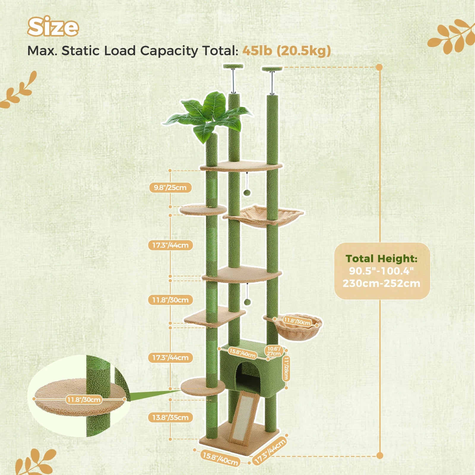 Adjustable Floor-to-Ceiling Cat Tree Tower – Tall Indoor Cat Furniture with Hammock, Cozy Condo & Sisal Scratching Posts