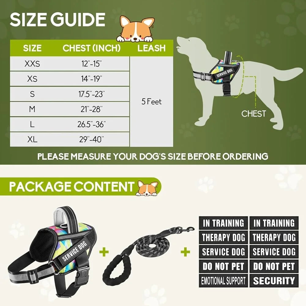 Service Dog Harness & Leash Set – Reflective No Pull Training Vest with 10 Patches, Multi-Color, Sizes Small to XL