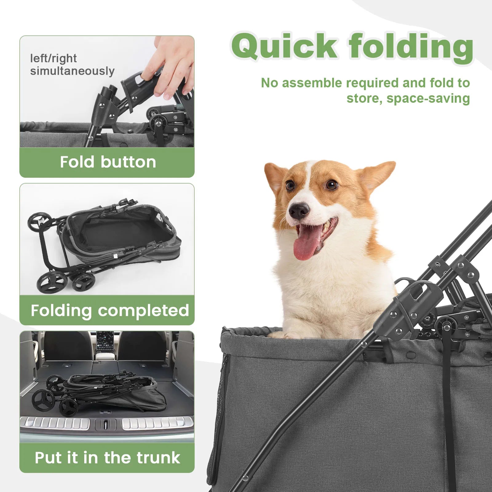 Wedyvko Luxury 80 lbs Pet Stroller – 4-Wheel Foldable Dog Stroller with Brakes, Dark Grey