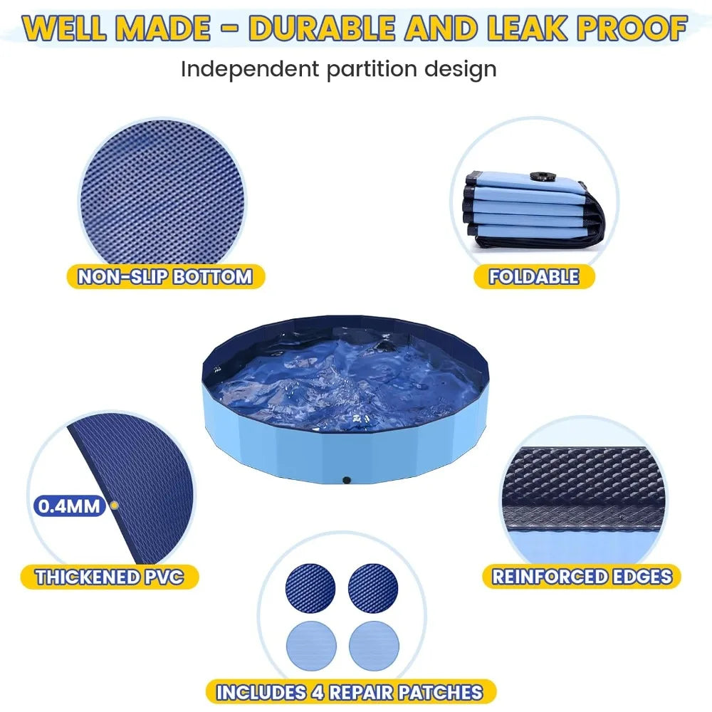 120" Foldable Kids & Dog Pool – Oversized Hard Plastic Shell, Non-Slip Outdoor Bathing Pool