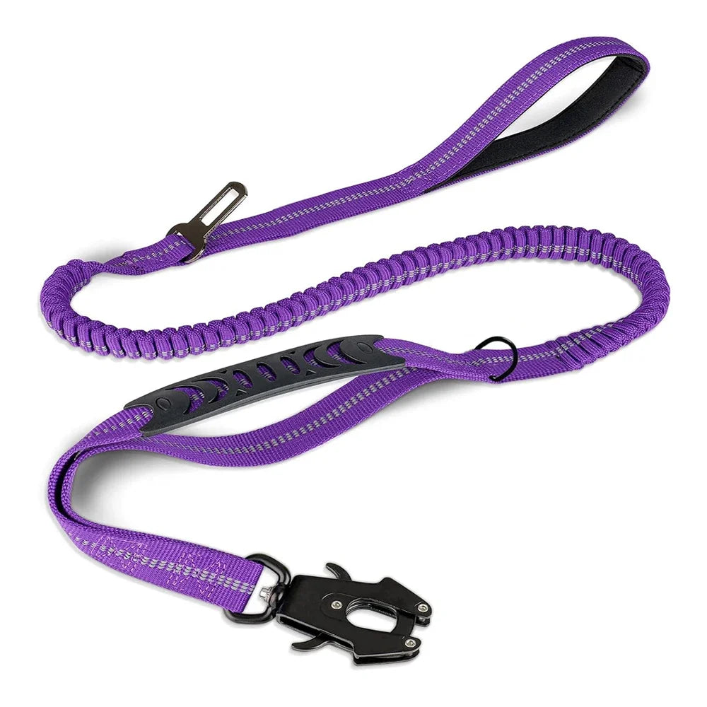 Reflective Shock-Absorbing Tactical Bungee Dog Leash with Car Seatbelt Clip – Heavy Duty No-Pull Leash for Large Dogs