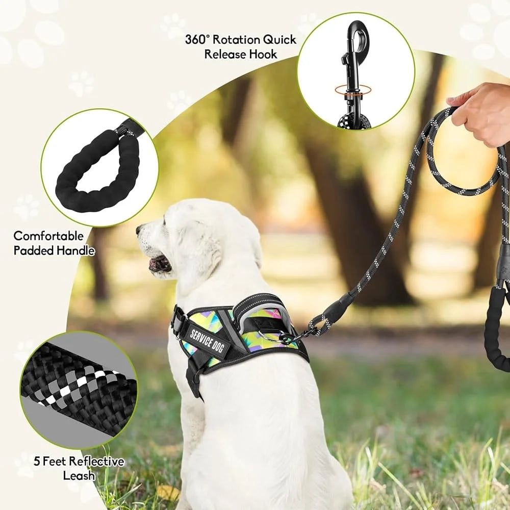 Service Dog Harness & Leash Set – Reflective No Pull Training Vest with 10 Patches, Multi-Color, Sizes Small to XL