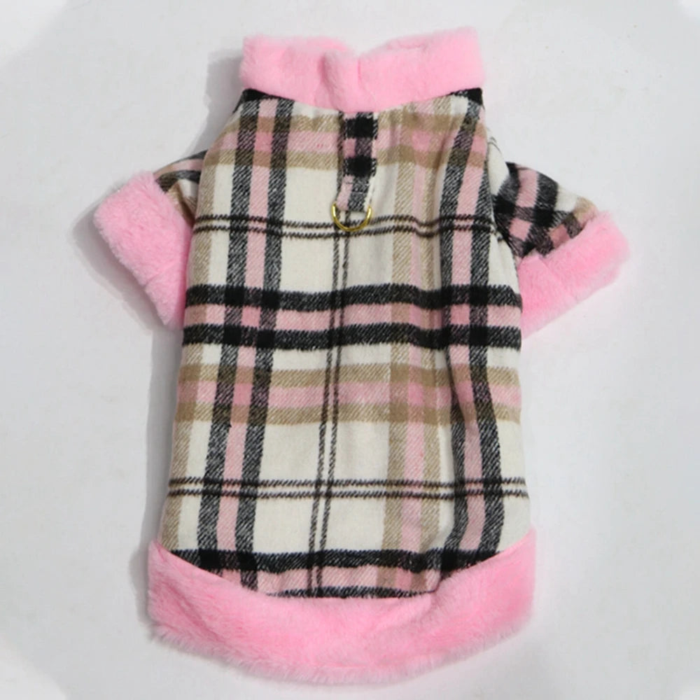 Winter Pet Jacket – Grid Cotton Coat with Fur Collar for Small Dogs (Chihuahua, French Bulldog, etc.)