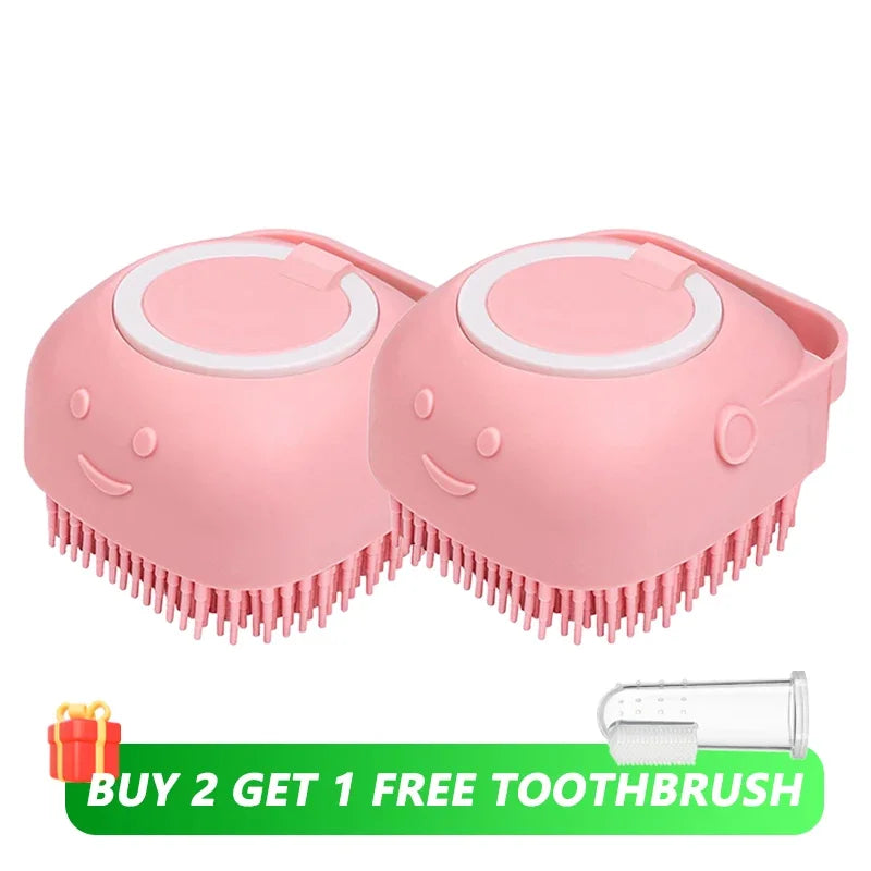 Dog Bath Brush – Silicone Pet Shampoo Scrubber & Soap Dispenser, Cat Massage Grooming Comb, Soft Rubber Puppy Cleaning Brush