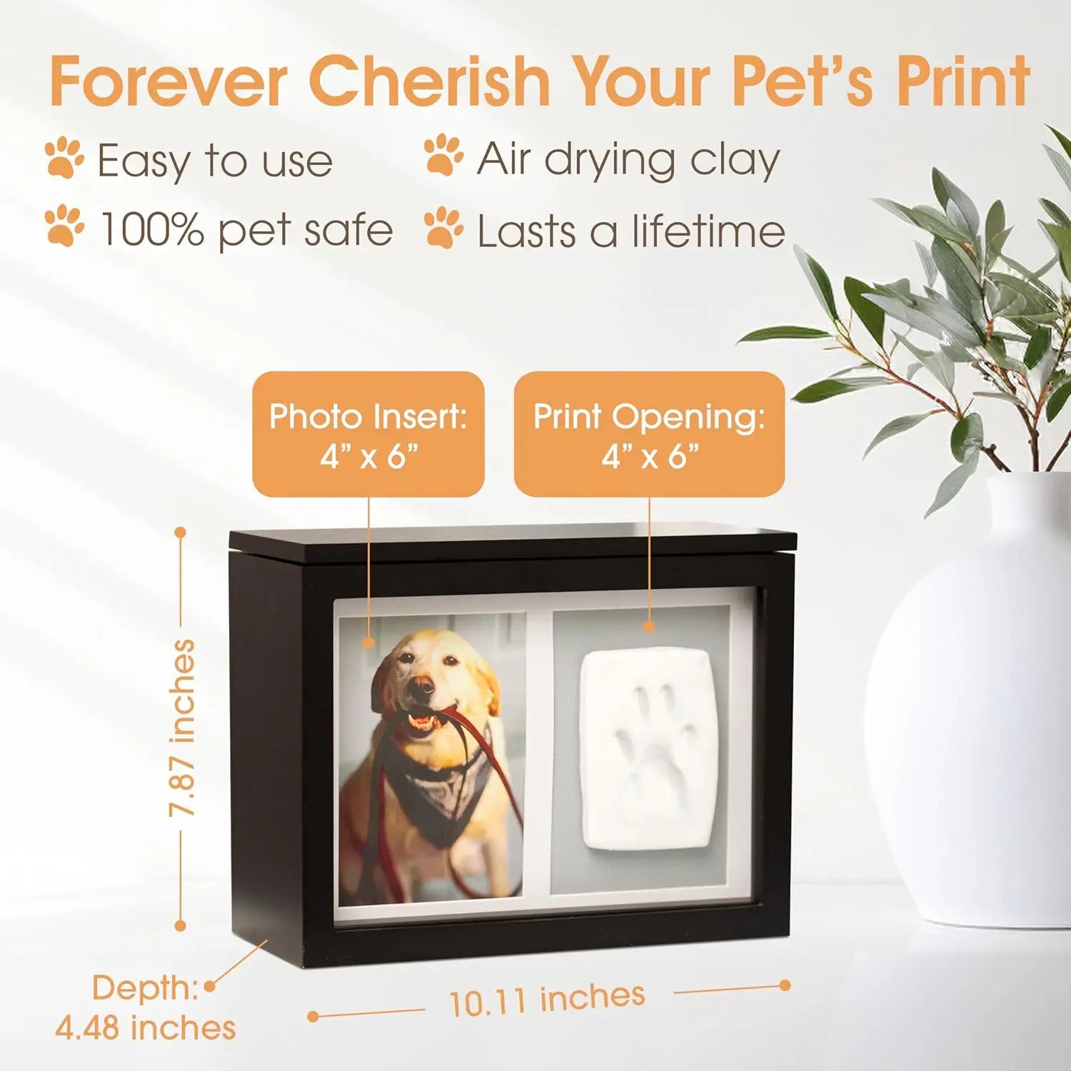 Pet Memorial Box & Paw Print Kit – Keepsake Urn with Clay for Ashes, Collar & Toys (Black)