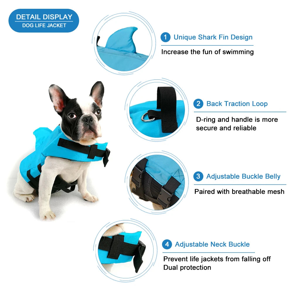 Shark Dog Life Jacket – Enhanced Buoyancy Safety Vest with Handle for Small, Medium & Large Dogs