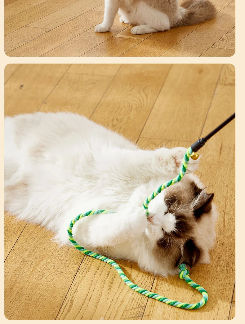 Feather Cat Teaser Wand Toy – Interactive Cat Toy with Satin Ribbon & Bell, Kitten Play Stick for Indoor Exercise