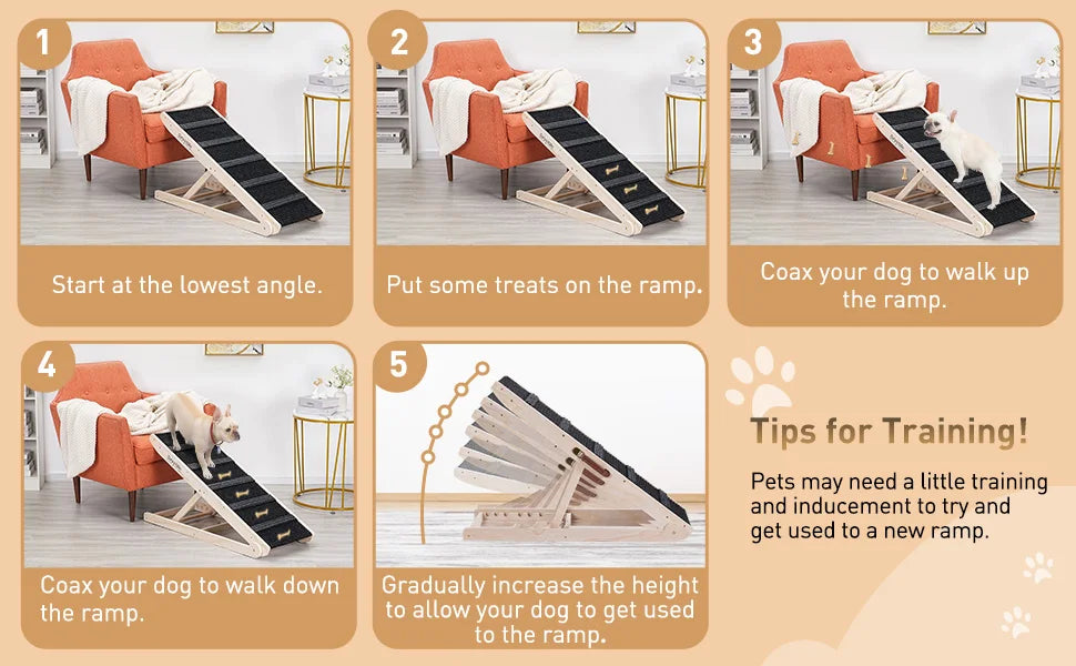 Adjustable Wooden Pet Ramp – 40" Long Dog & Cat Ramp with Non-Slip Carpet Surface and Anti-Skid Foot Pads