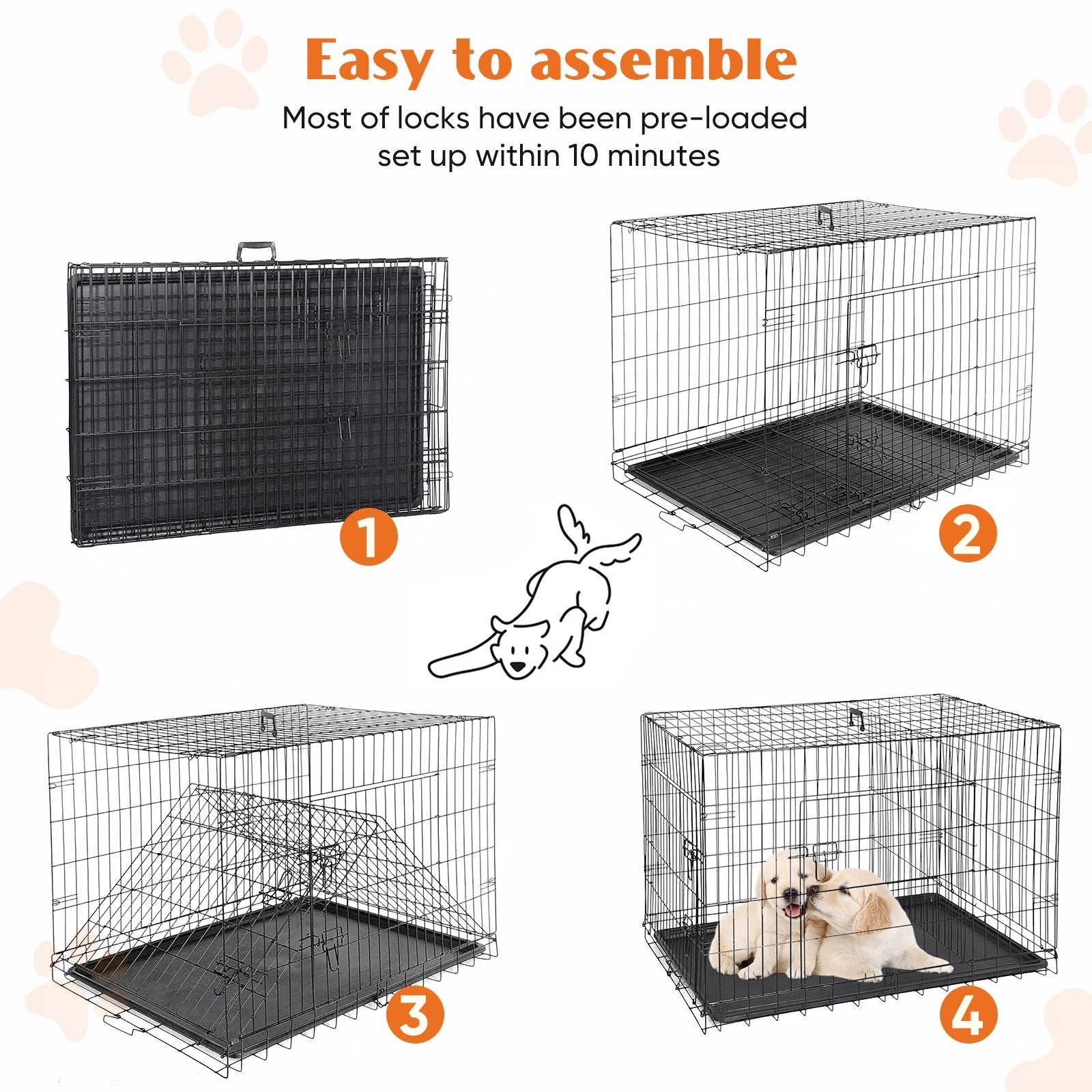JHK Folding Double Door Dog Crate – XL Metal Wire Cage with Leak-Proof Tray for Indoor & Travel Use