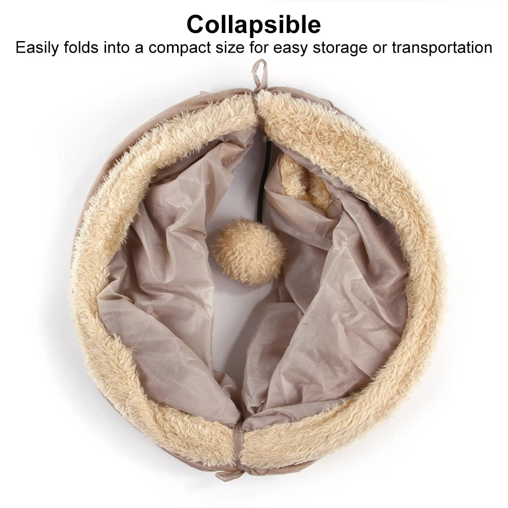 Plush Foldable Cat Tunnel – Warm Winter Play Tube with Hanging Ball for Cats, Kittens, Puppies & Small Pets