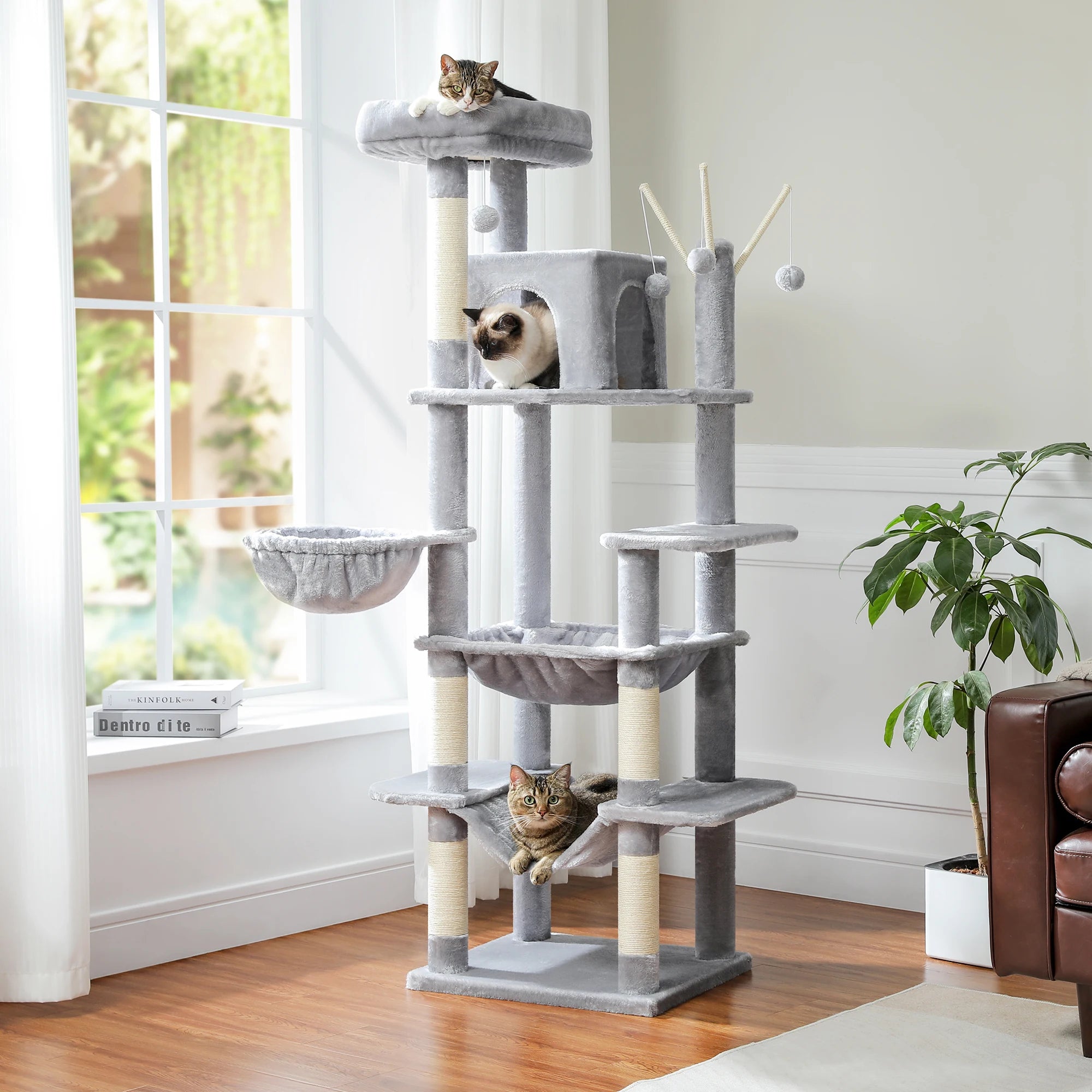 Large Multi-Level Cat Tree Tower – Tall Plush Indoor Cat Condo with Scratching Posts, Perches, Caves & Boards