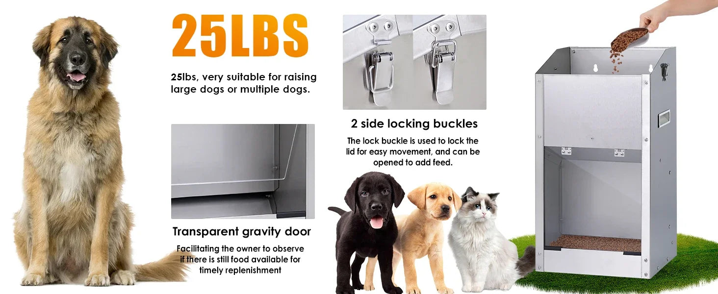Automatic Dog Feeder – 25lbs Large Capacity Stainless Steel Gravity Pet Feeder for Large Breeds