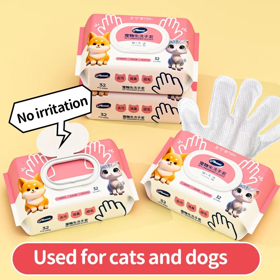 Pet Cleaning Gloves with Wipes – 50pcs 2-in-1 Grooming Scrubber & Massager for Dogs & Cats
