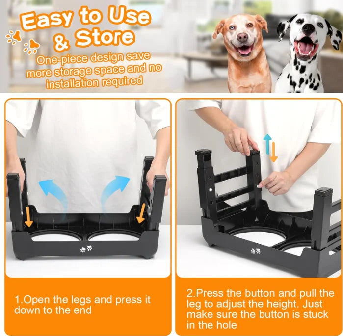 Adjustable Raised Dog Bowl Set – 2 Stainless Steel 50oz Bowls with Foldable Stand