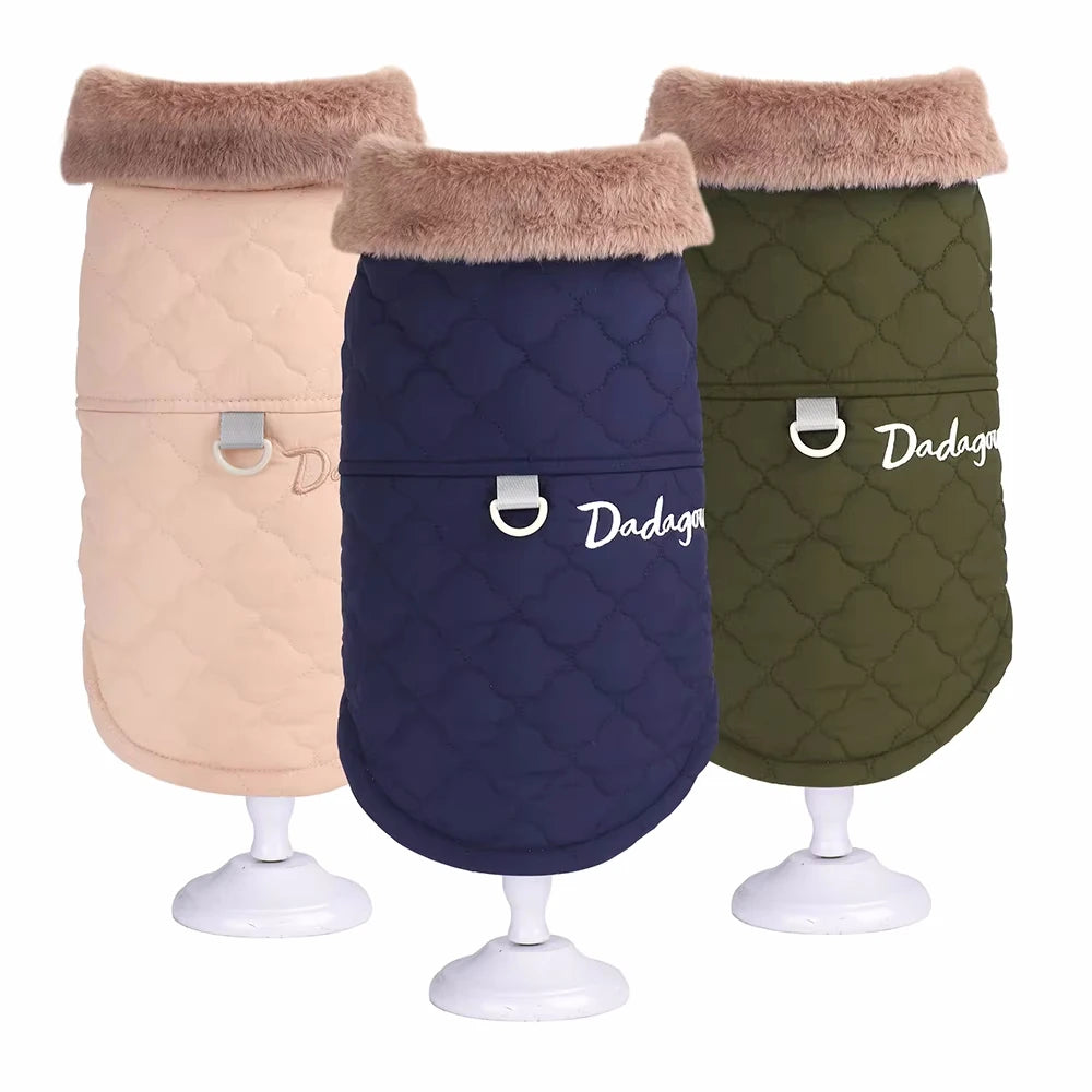 Winter Dog Coat with Fur Collar – Soft Fleece Pet Jacket with D-Ring for Small Dogs & Puppies
