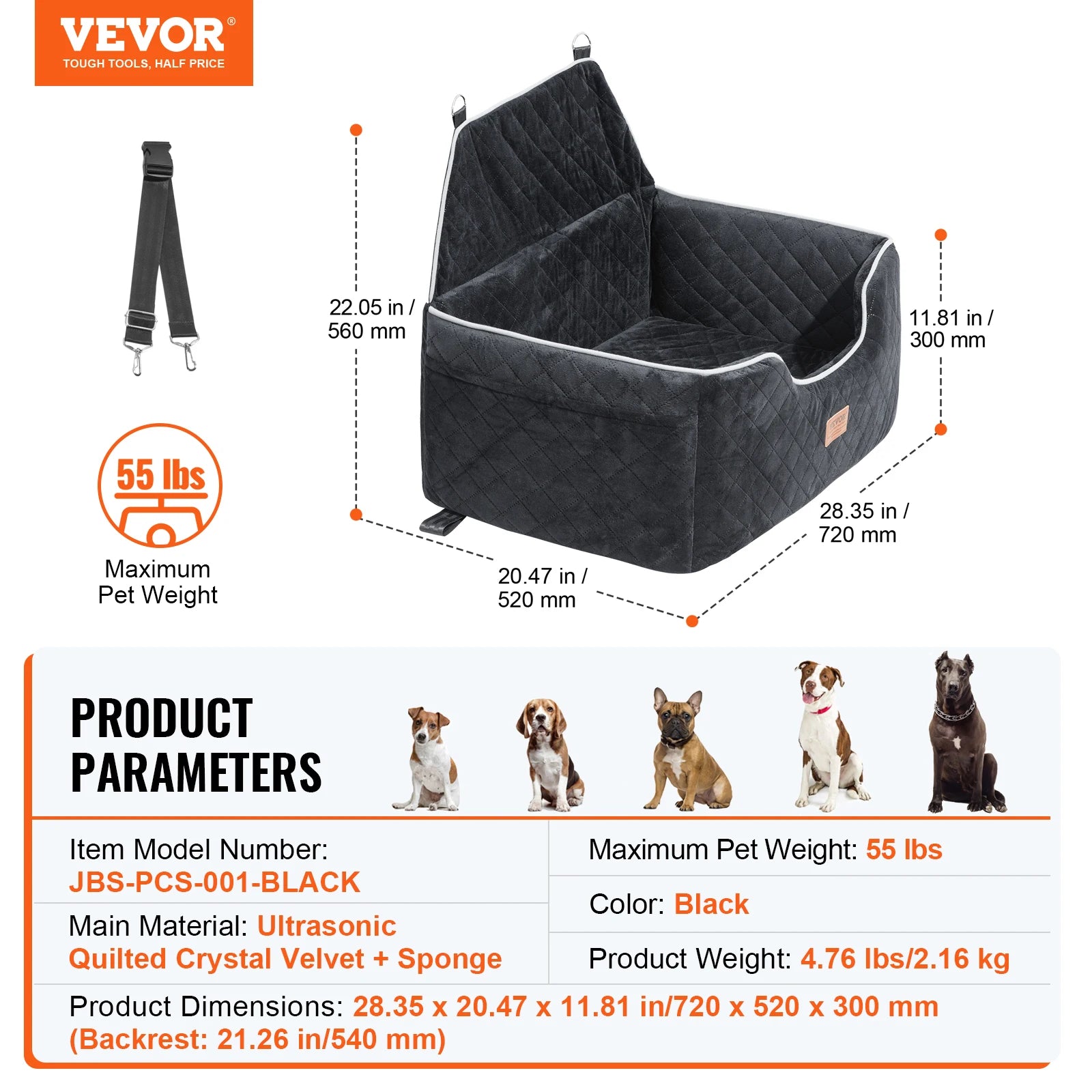 VEVOR Dog Car Seat – Booster Seat with Storage Pocket & Sponge Filling | Travel Car Bed for Medium to Large Dogs up to 55 lbs (Gray)