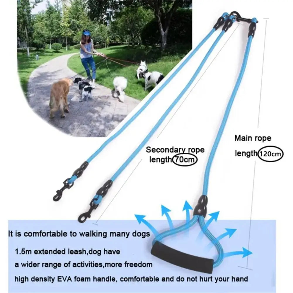 2/3/4 Way Dog Leash with Foam Handle – Durable 120cm Nylon Detachable Multi-Dog Leash for Walking & Training