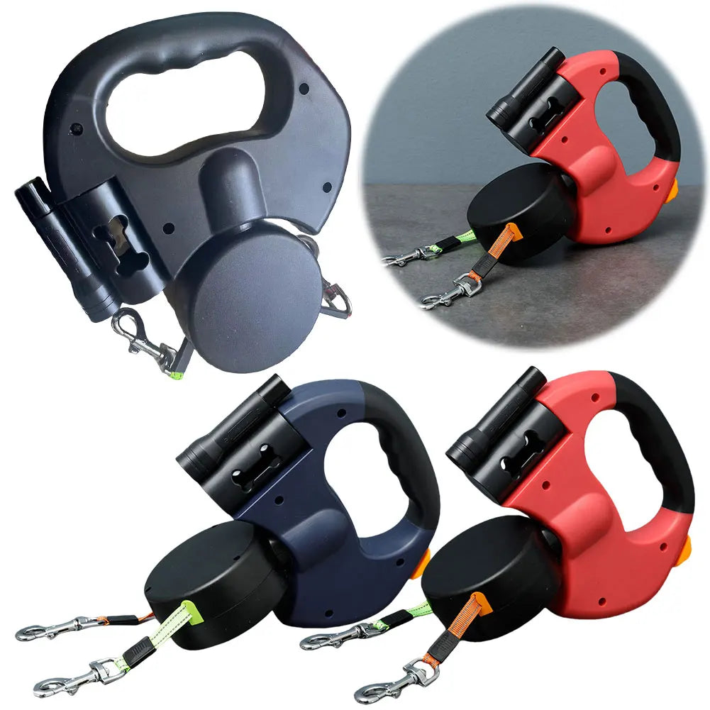 Double Headed Dog Leash – 360° Swivel Retractable Leash for Walking Two Small to Medium Dogs