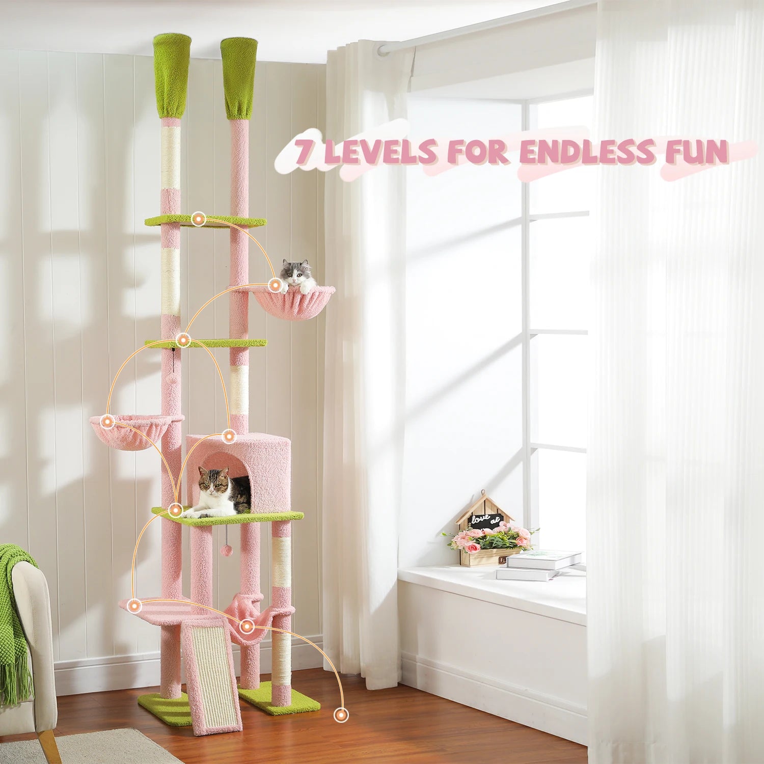 Adjustable Floor-to-Ceiling Cat Tree Tower – Tall Indoor Cat Furniture with Hammock, Cozy Condo & Sisal Scratching Posts
