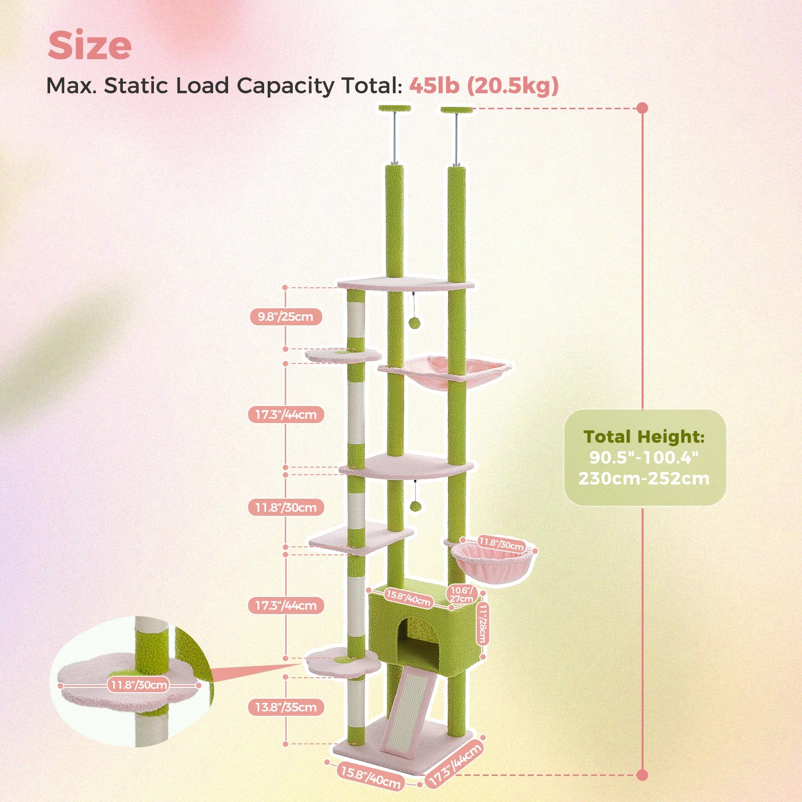 Adjustable Floor-to-Ceiling Cat Tree Tower – Tall Indoor Cat Furniture with Hammock, Cozy Condo & Sisal Scratching Posts