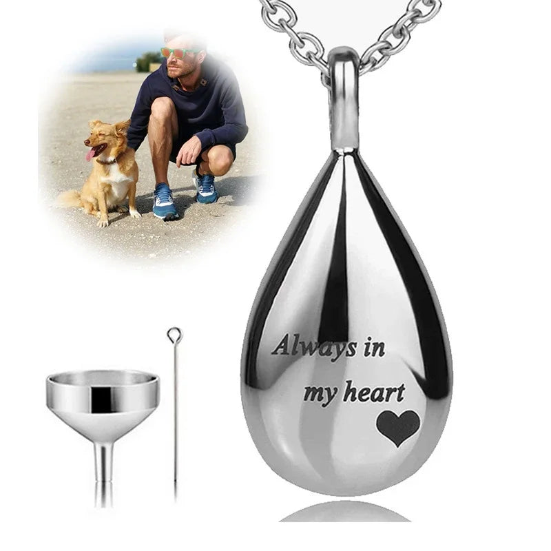 Teardrop Pet Urn Pendant – Stainless Steel Keepsake Necklace for Dog & Cat Memorial